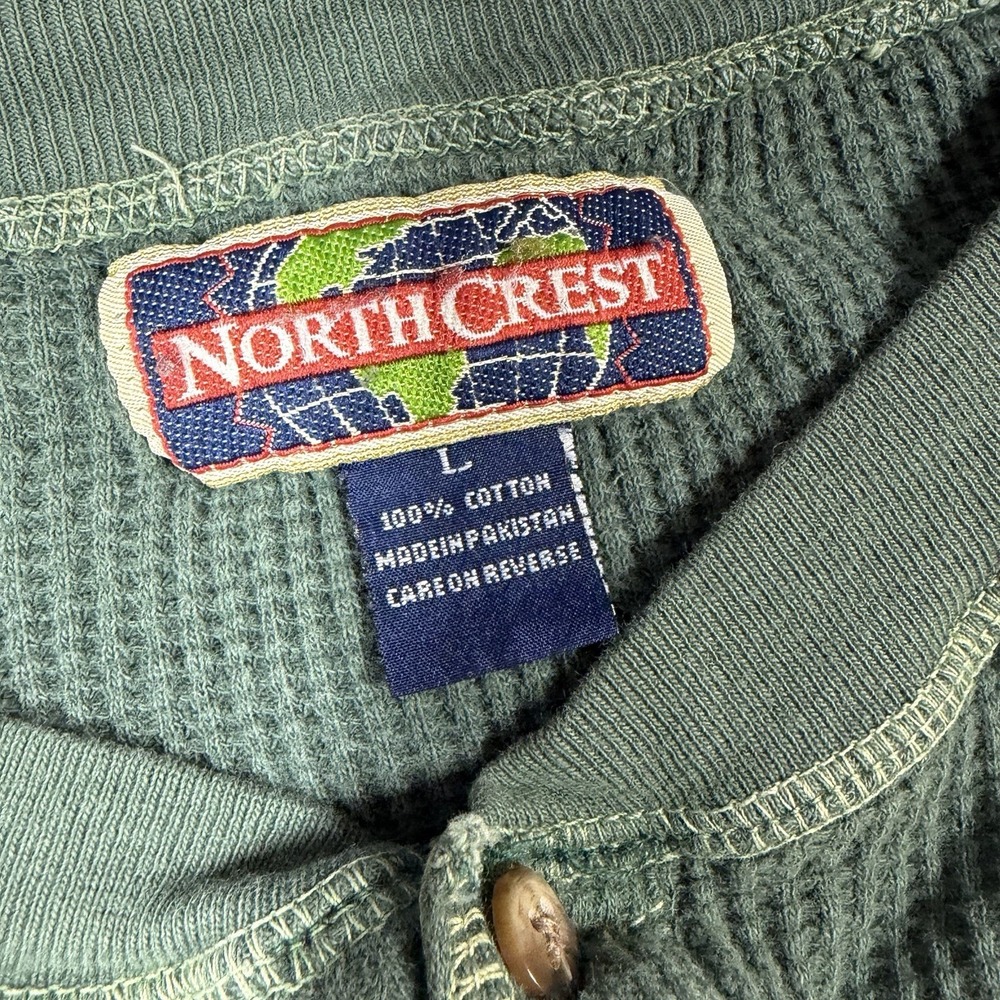 VINTAGE North Crest Henley Shirt Mens Large Green Waffle Knit Ribbed Boxy Fit - Picture 3 of 7